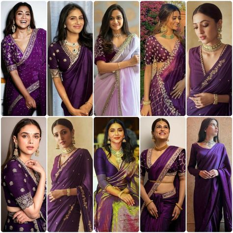 60+purple colour blouse designs 2023| New model back neck| Traditional purple colour blouse designs Purple Full Sleeve Blouse, Bollywood Actress In Purple Saree, Pastel, Purple Combination Sarees, Purple Silk Saree Blouse Designs, Colour Contrast With Purple, Purple Color Combinations Outfit Indian, Purple Blouse Contrast Saree, Purple Sarees With Contrast Blouse