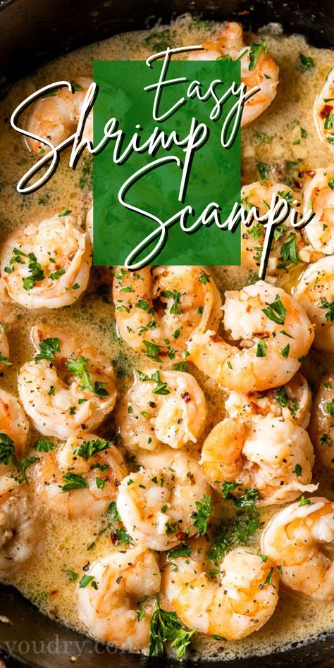 This Super Quick Shrimp Scampi Recipe is simmered in a buttery lemon and garlic sauce and ready in under 15 minutes. Use on top of freshly cooked pasta, rice or spiraled veggies for an easy weeknight dinner. Garlicky Shrimp Scampi With Linguine, Essen, Garlic Parmesan Shrimp Scampi Pasta, Quick Shrimp Scampi, Shrimp Recipes No Pasta, Shrimp Garlic Pasta Recipes, Shrimp Scampi With Veggies, Healthy Shrimp And Veggie Recipes, Recipe For Shrimp Scampi Pasta