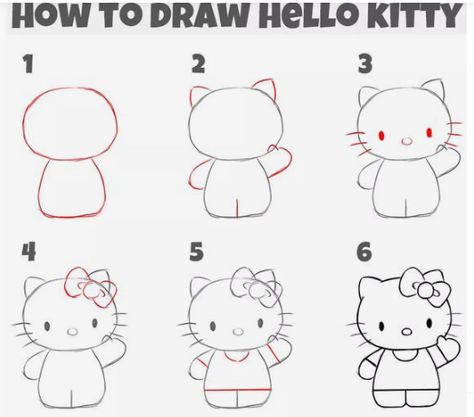 Sanrio Easy Draw, How To Draw Kirby Step By Step, Sanrio Characters Drawing Step By Step, Rysunki Hello Kitty, Stuff To Draw Step By Step, Hello Kitty Reference, Hello Kitty Poses, Hello Kitty Rysunek, Hello Kitty Girl Drawing