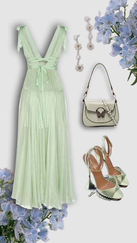 White Heels Green Dress, Green Dress Formal, Light Green Dress, Green Heels, White Heels, Green Outfit, Aesthetic Summer, Long Dresses, Formal Wedding
