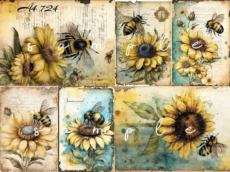 PLEASE READ FULL ITEM DESCRIPTION BEFORE YOU PLACE YOUR ORDER! Decoupage Rice Paper, A4 724 Vintage Honey Bee Sunflowers Decoupage Paper, Decorative Image, Decoupage Designs, Paper Crafts, DIY Crafting  1 print - 1 page A4 (8.27 x 11.69) Rice paper with 6 images. You'll receive 1 page of A4 Rice paper with 6 images. Printed on the highest quality paper available on the market today. Rice paper has been used for decades in arts and crafts with decoupage. Torn edges will blend beautifully into a background. You should start with a white or light colored background to make the colors appear brighter and more vivid.  The best paper to use in the decoupage technique. Perfect for both beginners and advanced users. Very thin and light and naturally white. It contains typical, clearly visible fibe Vintage Honey Bee, Decoupage Rice Paper, Decoupage Glue, Rice Paper Decoupage, Decoupage Glass, Colored Background, Decoupage Paper, Redo Furniture, Rice Paper