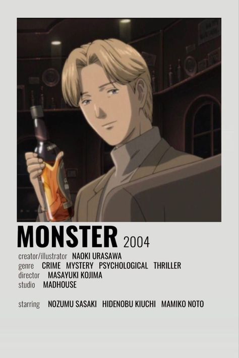 anime poster 2004 Monster Minimalist Poster, Manga Minimalist Poster, Monster Anime Poster, Monster Anime Wallpaper, Monster 2004, Johan Liebert, Monster Anime, Anime Sites, Anime List