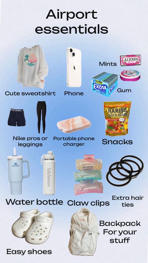 These are some airport essentials if you are traveling that you will love!🩷🩷🩷 Organisation, Airport Essentials, Trip Essentials Packing Lists, Road Trip Necessities, Sleepover Essentials, Travel Backpack Essentials, What To Pack For Vacation, Road Trip Bag, Road Trip Kit