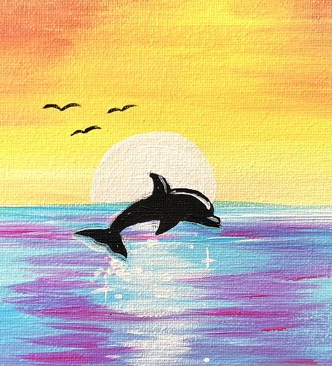 Easy Ocean Life Painting, Ocean Aesthetic Painting Easy, Painting Ideas On Canvas Sunset Beach, Dolphin Silhouette Painting, Dolphin Sunset Painting, Sunset Over Ocean Painting Easy, Sunset Ocean Painting Easy, Painting Ideas Beach Sunset, Easy Dolphin Painting