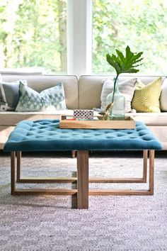 How to Build a Tufted Ottoman Coffee Table Ottoman Makeover, Diy Ottoman Coffee Table, Diy Tufted Ottoman, Tufted Ottoman Coffee Table, Diy Coffee Table Plans, Ikea Lack Side Table, Upholstered Ottoman Coffee Table, Diy Ottoman, Coffee Table Plans