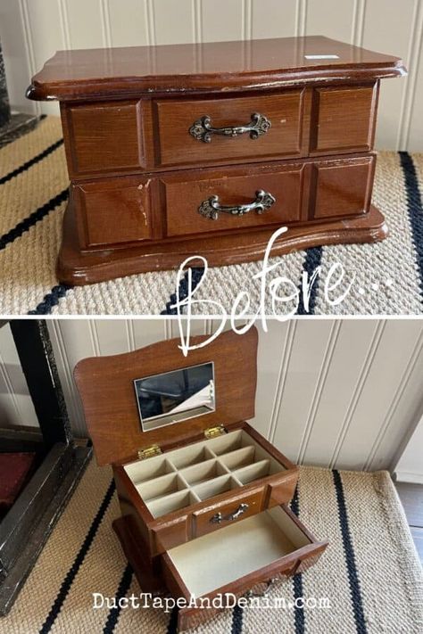 Jewel Box Bedroom, Redo Old Jewelry Box, Decopage Jewelry Box, Jewelry Box Flip, Redoing Jewelry Boxes, Old Jewelry Box Repurpose, Diy Wooden Jewelry Box Painting Ideas, Painted Wood Jewelry Box Ideas, Small Wooden Jewelry Boxes Diy