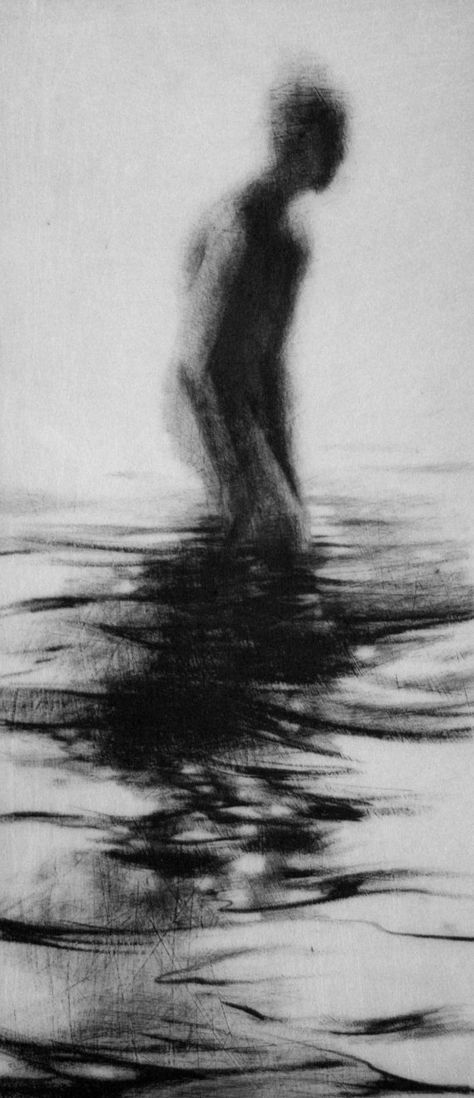 Clara Lieu, lithographic crayon on Dura-Lar.  This drawing is from "Wading", a project that presents the most severe form of isolation as loneliness that is experienced when physically surrounded by other people. The presence of others is what can intensify the experience of loneliness for an individual.  I visually portray loneliness as the experience of feeling unseen and unknown within a group. Shadow Being Art, Physical Touch Artwork, Dark Figure Aesthetic, Black Entity Art, Wading Through Water, Shadow Figure Aesthetic, Gothic Macabre Art, Charcoal And Ink Art, Craziness Aesthetic