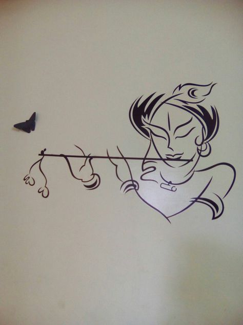 Wall decals Wall art Krishna playing flute Wall Painting Ideas Of God, Simple Drawings For Wall Decor, Wall Krishna Painting, Krishna Wall Drawing, Wall Digains Art, God Wall Painting Ideas, Wall Painting Of Krishna, Krishna Wall Painting Easy, Wall Painting Ideas Doodle