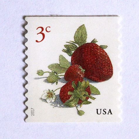 Twenty 3c StrawberryIssued: May 5, 2017Scott Catalog #520120 Mint, unused postage stamps with original gum as issued by the Post Office. These stamps are genuine and valid to use as postage for current mailing. Be sure to use enough total postage to meet the current postal rate for the item you are mailing. Also good to use for scrapbooking or displaying in a small picture frame. It's a miniature work of art. About this stamp:This stamp features an illustration of three ripe, red strawberries su Vintage Mail Stamps, Postcard Stamps Vintage, Strawberry Postage Stamp, Cute Stamps Postage, Postage Stamp Drawing, Aesthetic Stamps, Stamps Aesthetic, Vintage Post Stamps, Stamp Aesthetic