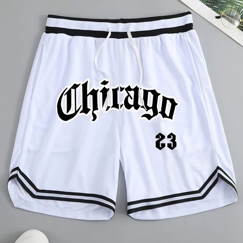 Alphabets White Polyester Men Crop Tops, Print Shorts Outfit, Mma Shorts, Campus Style, Mens Shorts Outfits, Drawstring Waist Shorts, Street Fashion Men Streetwear, Shirt Design Inspiration, Looks Street Style