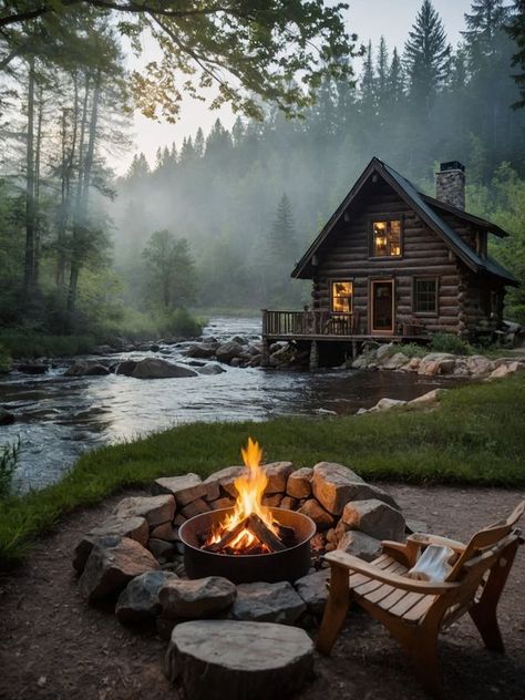 River In The Forest, Hunting Shack, Cozy Campfire, Cabin Style Homes, Log Cabin Living, Cabin Aesthetic, Little Cabin In The Woods, Summer Cabin, Cabin In The Mountains