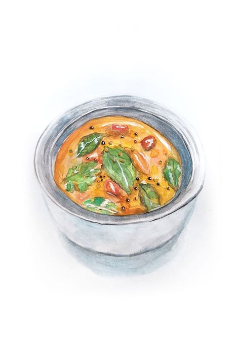 Indian food illustration, spicy tomato rasam in a steel pot South Indian Food Illustration, South Indian Illustration, Indian Food Illustration, Cookbook Journal, Tomato Rasam, Food Graphics, Dal Fry, Indian Illustration, Food Illustration Art