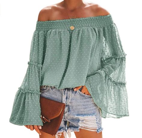 Couture, Spring Outfits Boho, Casual Chiffon Blouse, Off Shoulder T Shirt, Boho Style Tops, Chiffon Blouses, Bell Sleeve Shirt, Off The Shoulder Tops, Flared Sleeves Top