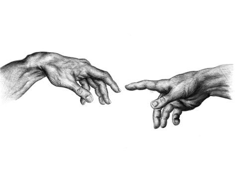 God And Adams Hands Tattoo, Two Hands Touching Drawing Tattoo, God And David Hands Tattoo, 2 Hands Touching Tattoo, Greek Hands Touching Tattoo, The Touch Of God Tattoo, Mani Michelangelo, Michelangelo Hands Drawings, Adam Touching Gods Hand Tattoo