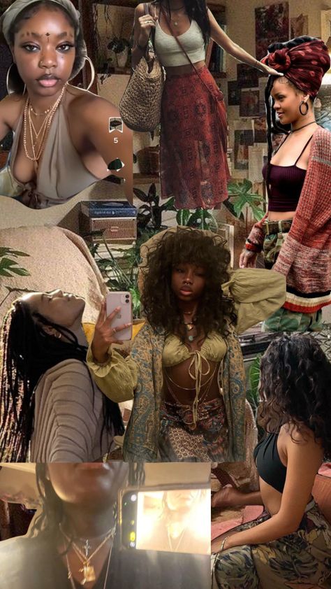 #hippies #hippieblackgirl #spirtual #spiritualblackgirl #spirtual Hippy Black Women, Neo Soul Style, Earthly Aesthetic Outfit, Ethereal Aesthetic Black Women, Boho Earthy Outfits Aesthetic, Earthy Asethic Black Women, Earthy Astethic, Hippie Black Women Aesthetic, Earthy Aesthetic Black Woman