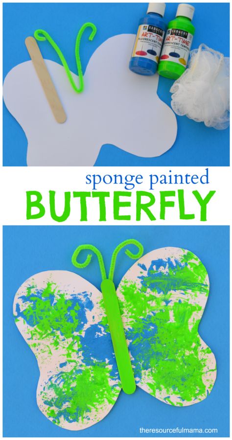 Loofah sponge painted butterfly craft for kids. Free printable butterfly template. Great spring or summer craft for kids. Plants And Flowers Activities For Preschool, Magnified Vbs, Preschool Bugs Crafts, Butterfly Craft For Kids, 2023 Crafts, Insects Preschool, Bugs Preschool, Toddler Craft, March Crafts