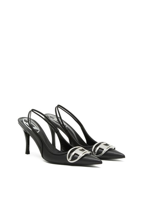 D-VENUS SB Woman: Slingback pumps in nappa leather | Diesel Double Strap Heels, Diesel Heels, Logo D, Diesel Shoes, Trending Heels, D Logo, Black Stiletto Heels, Chic Heels, Hardware Shop