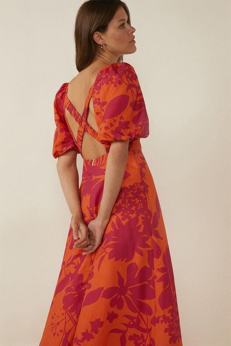 Couture, Open Backs, Colorful Midi Dress, Outfit Ideas Dressy, Midi Dress Wedding Guest, Floral Evening Dresses, Meeting Outfit, Orange Midi Dress, Orange Floral Dress