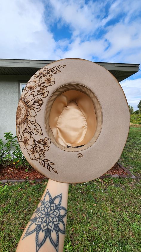 Couture, Upcycling, Teal Felt Hat, Felt Burnt Hats, Felt Hat Pyrography, Woodburning Felt Hat, Woodburning On Hats, Branded Cowgirl Hat, Wood Burning On Felt Hats