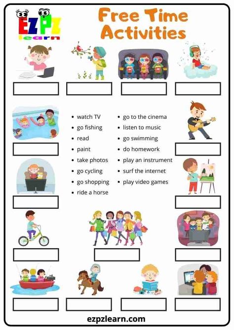 Free Time Worksheets Activities, Freetime Activities Worksheet, Esl Primary School Activities, English Primary School Activities, Free Time Activities Worksheets, Worksheet Activities For Kids, English Class Activities, Esl Activities For Kids, Games Worksheet