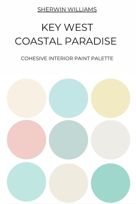 Sherwin Williams Key West Tropical Paradise Paint Palette, Coastal Paint Palette, Pastels, Paint Cohesive Whole House Color Palette - Etsy Pastel, Key West Blue Paint, Beach Cottage Color Palette, Beach Colors Palette, Tropical Color Palette Colour Schemes, Beach Room Colors, Bright Interior Paint Colors, Beach House Wall Colors, Pastel Exterior House Colors