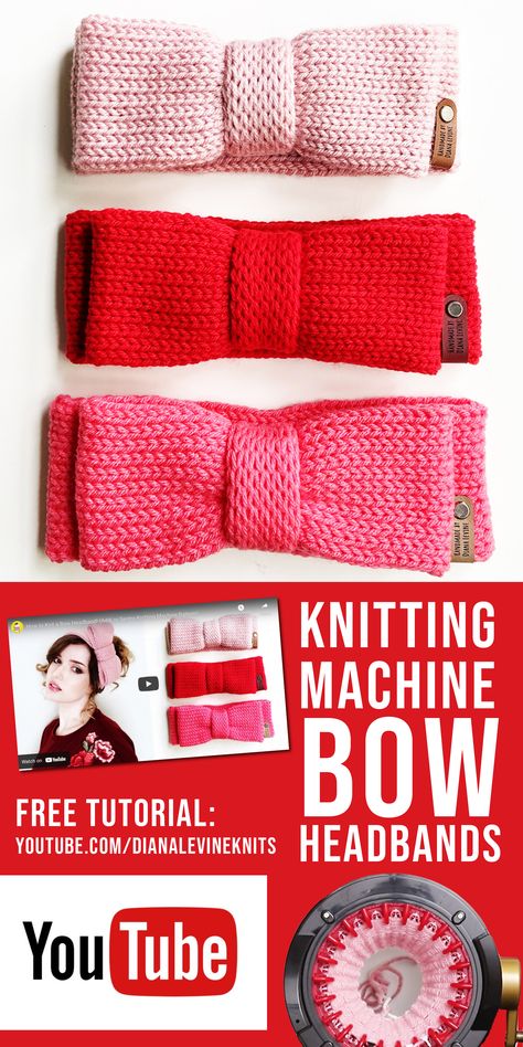 Free YouTube tutorial for how to knit bow headbands on a circular knitting machine Machine Knit Headband, Addi Knitting Machine Headband Pattern, Addi Knitting Machine Cup Cozy, Addi Headband Pattern, 32 Pin Knitting Machine, Addi Express Headband, Knitting Machine 22 Needle Patterns, What Can You Make With A Knitting Machine, Knitting Machine Headband Pattern Free