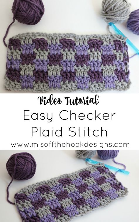 Easy Checker Plaid Stitch - MJ's off the Hook Designs #learntocrochet #crochetplaid #plaidstitch #checkerstitch #crochetstitches #beginnercrochet #freecrochet #crochet Plaid Stitch Crochet, Checker Board Crochet Pattern, Crochet Plaid Stitch, Harlequin Stitch Crochet Pattern, Checker Crochet Blanket, Crochet Checkered Blanket, Checkered Crochet Blanket, Checkered Crochet Pattern, Crochet Plaid Blanket