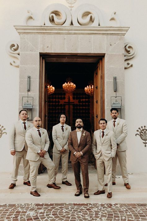 Brown Suit For Groom Wedding, Cream And Tan Groomsmen, Groomsman Brown Suit, Brown Suits For Groomsmen, Brown Groom And Groomsmen Attire, Brown Suit Groom And Groomsmen, Groom Spring Suit, Dark Tan Tuxedo Wedding, Brown Suits Wedding Groomsmen