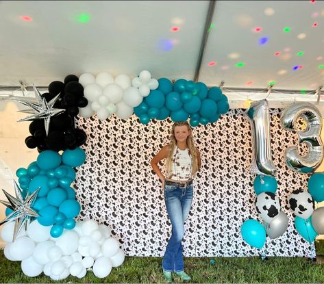 Turquoise Cow Print Party, Western Birthday Party Balloon Arch, Cow Print And Teal Party, Teal And Cow Print Birthday, Teal And Black Birthday Party Ideas, Turquoise And Cow Print Party, Cow Print And Teal Birthday Party, Cow Print Sweet 16, Cow Print Bday Party