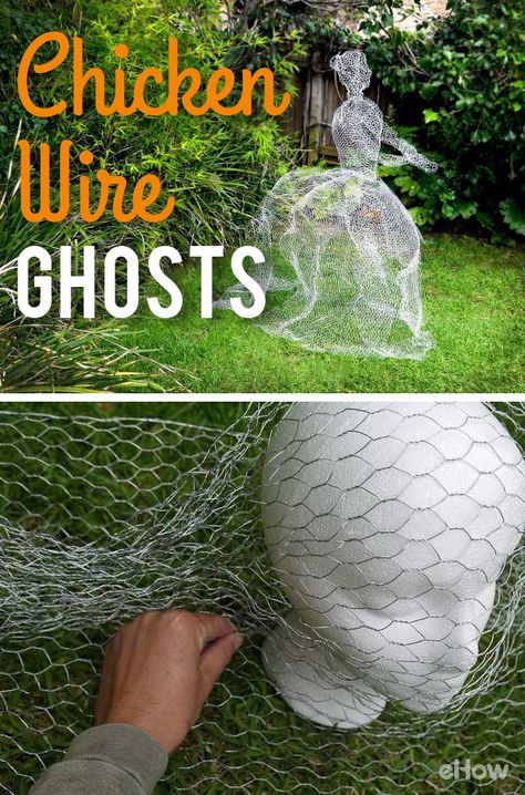 Your front lawn NEEDS this for Halloween this year! Whether your planning on having a haunted house, any sort of Halloween party, or just want to decorate and get into the spooky spirit, this easy chicken wire ghost is perfect for any home. Don't they look creepy? DIY instructions here: http://www.ehow.com/how_12341033_make-chicken-wire-ghosts.html?utm_source=pinterest.com&utm_medium=referral&utm_content=freestyle&utm_campaign=fanpage Halloween Prop, Chicken Wire Ghosts, Chicken Wire Ghost, Wire Ghosts, Kebun Herbal, Chicken Wire Sculpture, Chicken Wire Crafts, Dekorasi Halloween, Halloween Fest