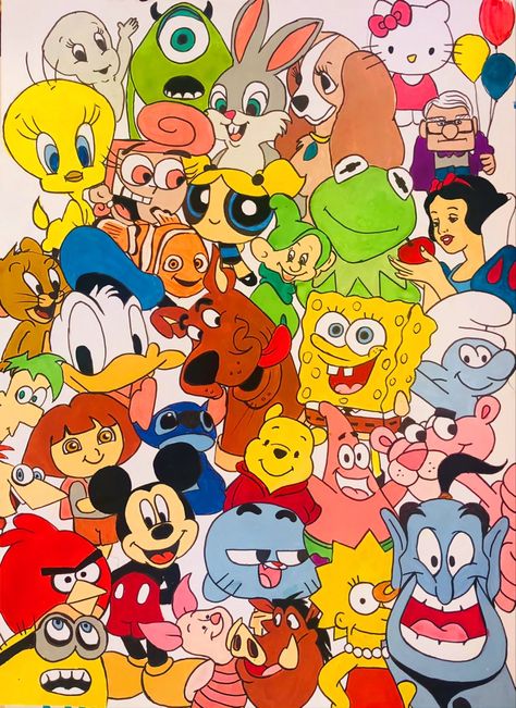 Cartoon Character Collage Drawing, Cartoon Collage Drawings, Cartoon Character Collage, Pola Cat Dinding, Cartoon Network Characters, Sports Movies, Disney Cartoon Characters, Collage Drawing, Iptv Subscription