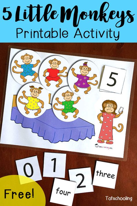 FREE 5 Little Monkeys activity for counting, learning numbers and number words. Great for toddlers, preschoolers and kindergartners to follow along with this classic nursery rhyme. Nursery Rhyme Math Activities, Nursery Rhyme Math, Nursery Rhymes Preschool Activities, Nursery Rhymes Preschool Crafts, Nursery Ryhmes, Math Activities For Toddlers, Nursery Rhyme Art, Rhyming Preschool, Nursery Rhyme Crafts