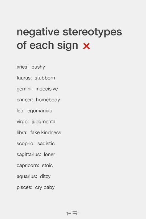 Negative Stereotypes Of Each Zodiac Sign, And Why That Personality Trait Is Helpful | YourTango Positive Traits, Good Traits, Negative Traits, Zodiac Sign Traits, Zodiac Traits, Each Zodiac Sign, Zodiac Signs Astrology, Bad Things, Personality Traits