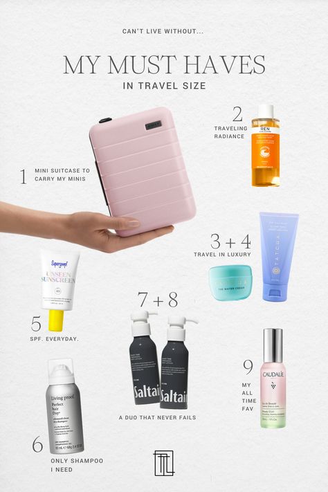 What To Pack As A Flight Attendant, Travel Size Skincare Products, In Flight Skincare, Plane Skincare, Travel Hair Products, Flight Attendant Makeup, Flight Attendant Packing, Travel Skincare Essentials, Travel Size Skincare