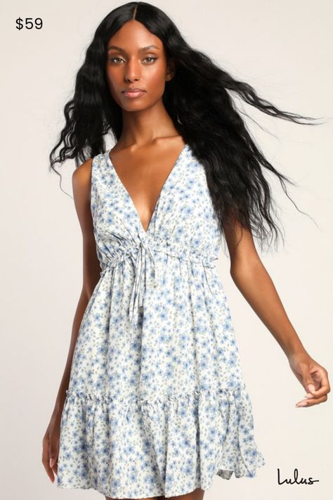 Your crush will never forget how you look in the Lulus Remember Me White Multi Floral V-Neck Babydoll Dress! Breezy woven fabric shapes this sleeveless babydoll dress with a deep V-neck and back atop a ruffle-trimmed elasticized empire waist with a decorative tie at the center. Flowy tiered skirt ends in a mid-thigh length, giving this dress an effortlessly stylish and flirty vibe that can be dressed up or down! Fit: This garment fits true to size. Length: Mid-thigh. Size medium measures 33" from shoulder to hem. Bust: Great for any cup size. Waist: Fitted - elastic waist allows stretch. Hip: Not Fitted - fuller skirt allows room for hips. Undergarments: May be worn with petals, or no bra. Fabric: Fabric has no stretch. Lined. Shell: 100% Polyester. Lining: 100% Rayon. Hand Wash Cold. Line V Neck Babydoll Dress, Empire Waist Babydoll Dress, Sleeveless Babydoll Dress, Flowy Dress Short, Floral Babydoll Dress, Fits Inspo, White Dresses For Women, Alpha Phi, Remember Me