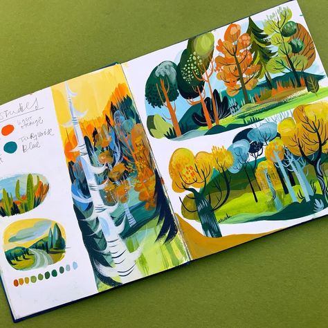 #greenstudies Love to play with the double page layout. #limitedpalette #gouachepainting #gouache #illustration #doublepage #greens… | Instagram Gouache Building, Gouache Inspiration, Gouache Sketchbook, Gouache Illustration, Gouache Color, Gouache Illustrations, Posca Art, Gouache Art, Arte Inspo