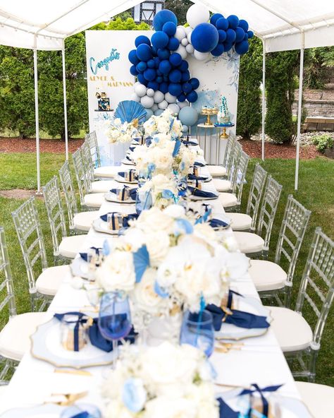 Happy Happenings Designs LLC on Instagram: ““50 Shades of Blue” Graduation Party! 💙🎓   Fabulous at home small celebration exquisitely planned & styled by @harbeevents . . . #HHblooms…” 70th Birthday Ideas For Mom, Blue Party Themes, Grad Party Theme, 80th Birthday Party Decorations, Blue Graduation Party, 50 Shades Of Blue, Graduation Party Cake, Blue Party Decorations, Gold Graduation Party