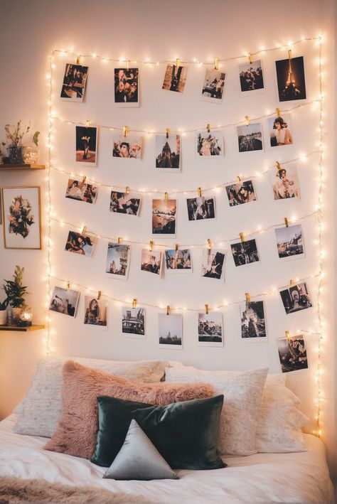 Transform your room with our stunning Polaroid Wall Decor Fairy Lights! These lights are perfect for adding a touch of magic to any space. Create a cozy and charming atmosphere with these twinkling lights, perfect for showcasing your favorite memories in a unique way. Whether you're looking to decorate a bedroom, dorm room, or living room, these fairy lights will instantly elevate your space. Plus, they make a great gift for any photography or home decor enthusiast. Brighten up your room and let your memories shine with our Polaroid Wall Decor Fairy Lights! #polaroidwalldecor #fairylights #homedecor #roomdecor #twinklinglights Fairy Lights Bedroom With Pictures, Photo Light Room Decor, How To Decorate Lights In Bedroom, String Lights With Pictures Bedroom, Dorm Room Ideas Pictures, Decorating With Polaroids, Photos On The Wall Ideas Bedrooms, Bedroom Inspo Fairy Lights, Aesthetic Room With Fairy Lights