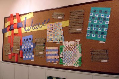 Weaving bulletin board Textiles Classroom Displays, Burlap Weaving, Weaving Display, Paper Weave, Third Grade Art, Art Bulletin Boards, Steam Art, Class Displays, Curriculum Planning