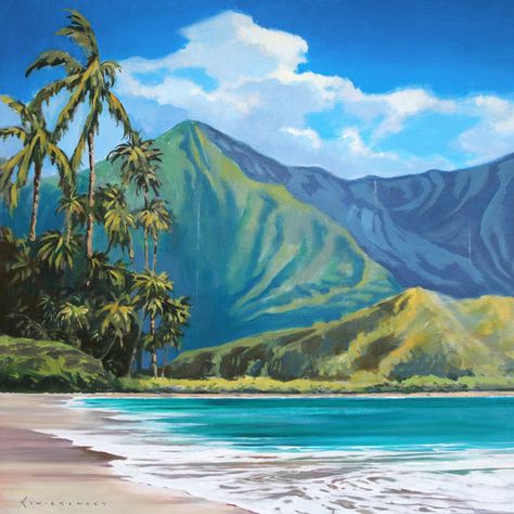 Prints – Ocean Art by Koniakowsky Ocean Landscape Painting, Tropical Illustration, Black Canvas Paintings, Waterfall Paintings, Tropical Painting, Hawaii Art, Mountain Drawing, Hawaiian Art, Ocean Landscape