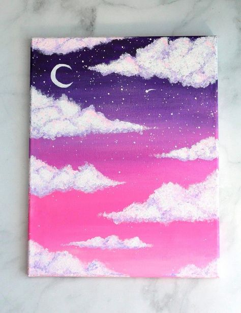 This cloud painting tutorial is incredibly easy to follow and you’ll learn how to create a quirky piece of art for your home.The clouds have been cleverly painted using Q-tips (earbuds) to achieve a fluffy texture. You could get a similar look by using a sponge or by dabbing the canvas with your paintbrush. Pastel, Clouds With Acrylic Paint, Fun Canvas Painting Ideas, Cloud Painting Tutorial, Beachy Paintings, How To Paint Clouds, Wall Paint Inspiration, Paint Clouds, Spiderman Painting