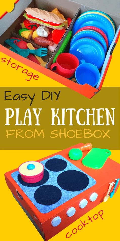 Montessori, Cardboard Play Ideas, Diy Play Kitchen Cardboard, Diy Kitchen Set For Kids, Kitchen Crafts For Kids, Cardboard Toys Diy, Cardboard Kitchen Diy For Kids, Cardboard Kitchen Diy, Diy Play Kitchen Accessories