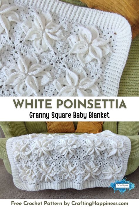 Free crochet pattern for White Poinsettia Blanket with step by step written pattern tutorial by Crafting Happiness. Poinsettia Granny Square, Crochet Blanket Square, Crochet Quilts, Crochet Flower Granny Square Pattern, Crochet Newborn Outfits, Granny Square Baby Blanket, Crochet Baby Projects, White Poinsettia, Crochet Square Blanket