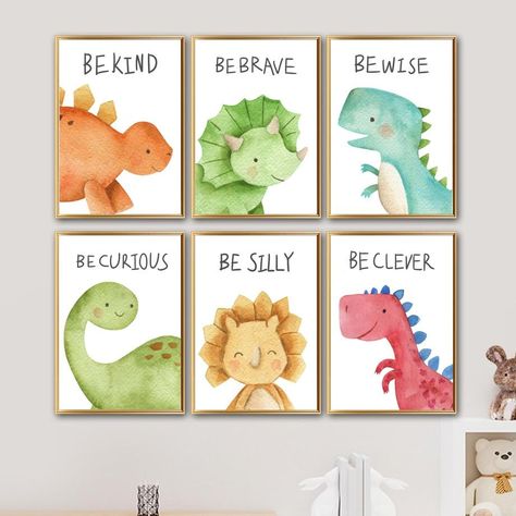 Motivational Canvas Painting, Dinosaur Baby Room, Dinosaur Kids Room, Watercolor Dinosaur, Dinosaur Room Decor, Playroom Classroom, Dinosaur Room, Kids Room Paint, Dinosaur Wall Art