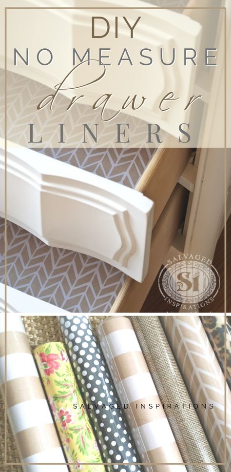 DIY No Measure Drawer Liners | Perfect Drawer Liners | Salvaged Inspirations   #DIY #salvagedinspirations #Drawerliners #easycutdrawerliners #beautifuldrawer Kitchen Drawer Paper Liner, Turn Fake Drawer Into Real Drawer, Upcycling, Organisation, Kitchen Drawer Protectors, Fabric Drawer Liner, Furniture Drawer Design, Baby Drawer Liners, Kitchen Cabinet Paper Liner