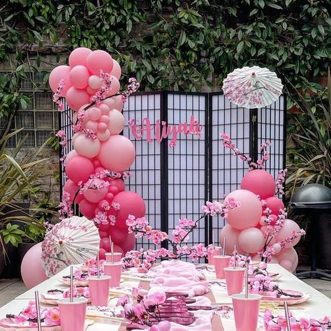 Japanese Cherry Blossom Party Theme, Japanese Cherry Blossom Themed Party, Japanese Birthday Theme, Cherry Blossom Balloon Garland, Japanese Theme Birthday Party, Japanese Party Decor, Japan Birthday Party, Sakura Birthday Theme, Mulan Themed Birthday Party