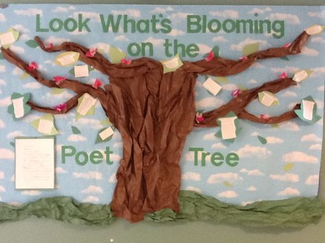 Poetry "Poet Tree" Bulletin Boards Poetree Bulletin Board, Tree Bulletin Boards, Poetry Classroom, August Bulletin Boards, Bulletin Board Tree, Library Bulletin Board, Classroom Organization Elementary, Library Work, Boards Ideas