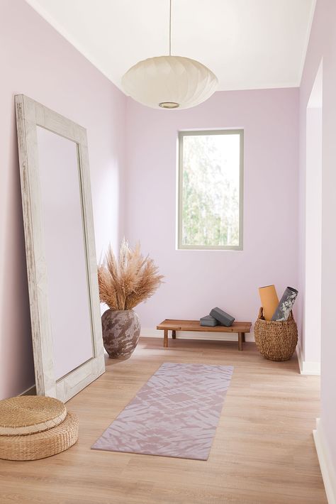 Lilac Living Room Walls, Lavender Paint Living Room, Coastal Purple Paint Colors, Lavender Behr Paint Colors, Light Purple Wall Color Bedrooms, Sherwin Williams Euphoric Lilac, Bedroom Light Purple Walls, Light Lavender Walls, Purple Walls In Bedroom