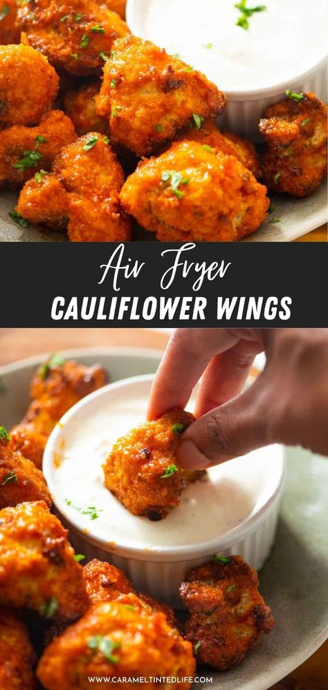 collage of buffalo cauliflower and dip images Essen, Cauliflower Wings Air Fryer, Fried Cauliflower Wings, Air Fryer Cauliflower Wings, Air Fried Cauliflower, Vegan Cauliflower Wings, Wings Buffalo, Air Fryer Cauliflower, Buffalo Cauliflower Wings