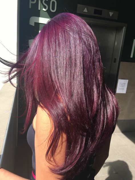 Red Violet Hair Hair Dye Ideas One Color, Purple Red Tinted Hair, Cherry Red And Purple Hair, Dark Red Hair With Purple Undertones, Loreal Hicolor Red Violet, Maroon Violet Hair, Dark Purple Hair Inspiration, Violet Cherry Hair, Haircuts With Red Hair